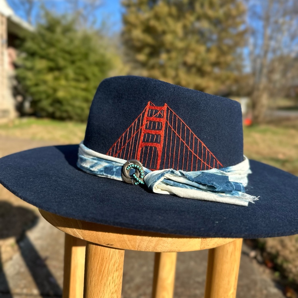 Custom Embroidered One-of-a-kind Hampui Hat Wide Brim Wool Felt Navy Handmade SF